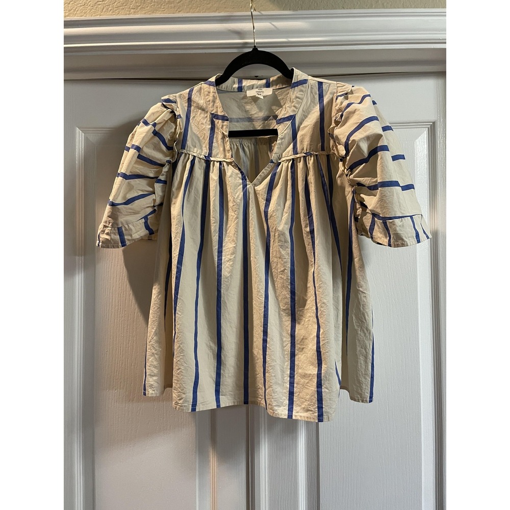 Entro Blouse Womens M White Blue Striped Puff Sleeve V Neck Tunic Top Cotton